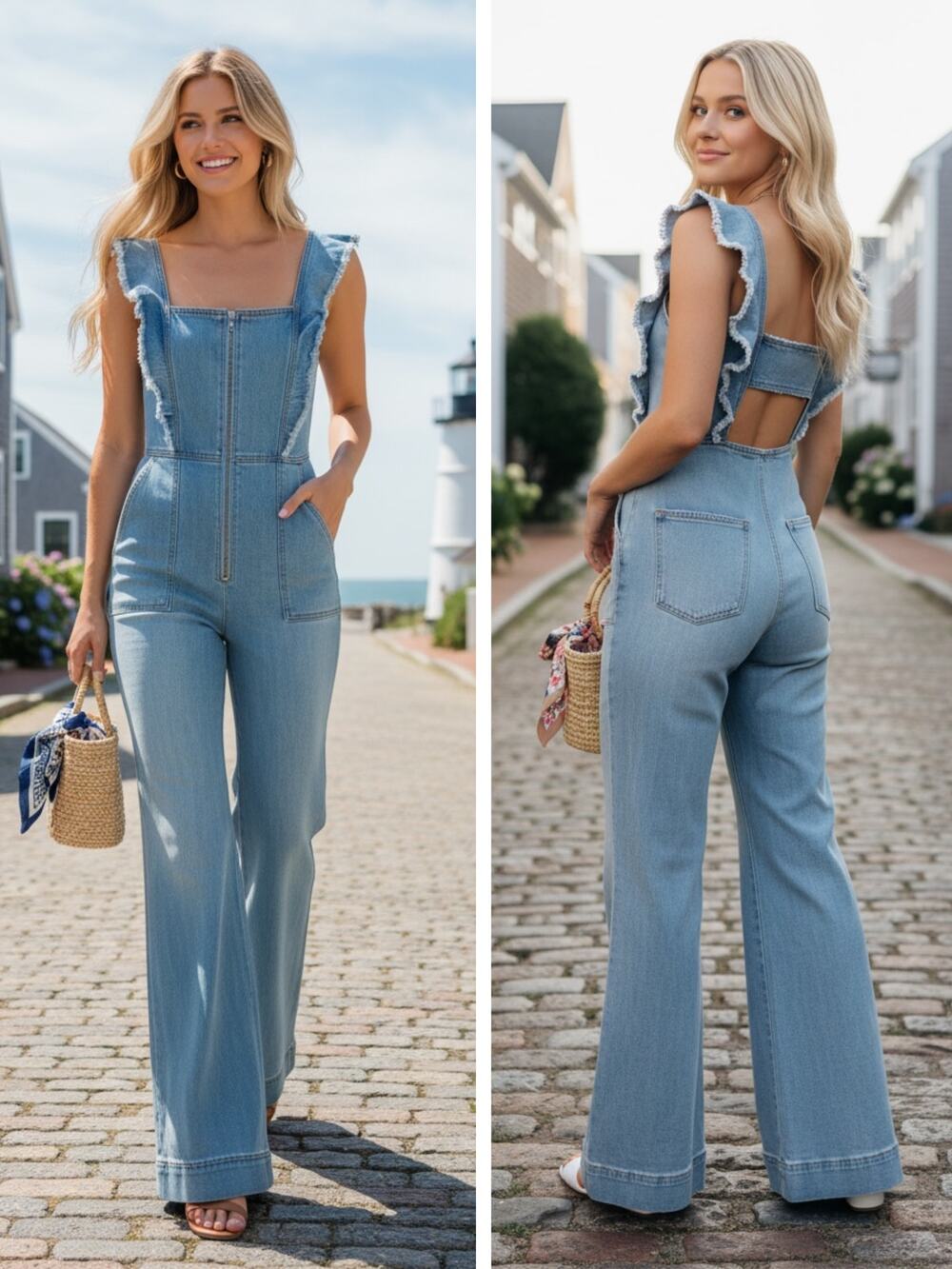 Alice + Olivia Blue Denim Jumpsuit Open Back Wide Leg